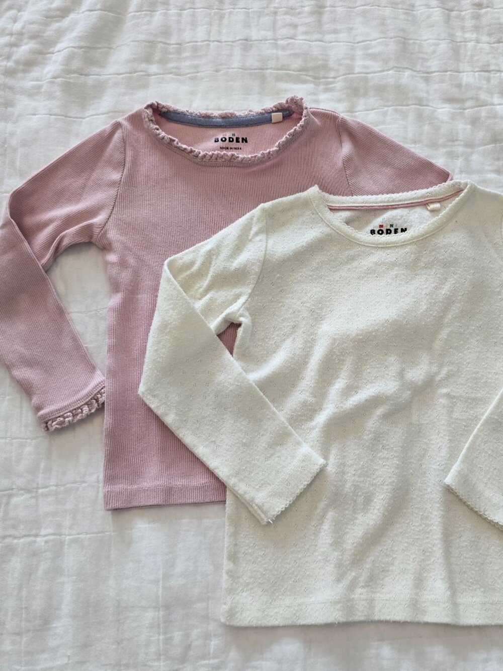 Size 4-5Y Mini Boden Girls' Ribbed Pointelle Long-Sleeve Tops (2-Pack Bundle)